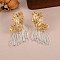Butterfly Wing Brass Tassel Stud Earrings for Women, with Curb Chain Charm, Left and Right, Golden & Silver, 36.5x16.5mm