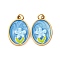 304 Stainless Steel Enamel Pendants, with Jump Ring and Rhinestone, Ion Plating(IP), Oval with Flower Charm, Real 18K Gold Plated, Deep Sky Blue, 18x14x2.5mm, Hole: 2.5mm