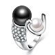 女性のためのスズ合金チェコラインストーンの指輪  模造パールと  ブラック  プラチナ  サイズ8  18.1mm RJEW-BB10592-8-1