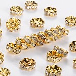 Brass Rhinestone Spacer Beads, Grade A, Wavy Edge, Golden Metal Color, Rondelle, Crystal, 8x3.8mm, Hole: 1mm