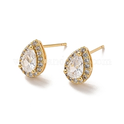 Aretes de lágrima con circonitas cúbicas transparentes, joyas de latón chapado de larga duración para mujer., sin plomo y cadmio, real 18k chapado en oro, 9x7mm, pin: 1 mm
