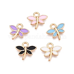 Charms del esmalte de la aleación, la luz de oro, encanto de libélula, color mezclado, 13.5x14.5x2mm, agujero: 2 mm