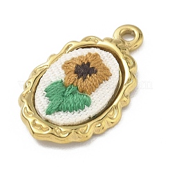 304ステンレススチールと布製のペンダント  楕円形の刺繍入り花柄チャーム  ゴールドカラー  砂茶色  23.5x14.5x3.5mm  穴：1.8mm&nbsp;STAS-I369-10G-01