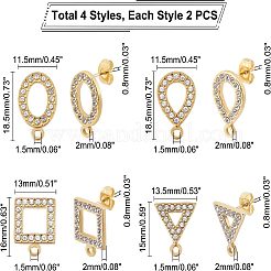 8個 4スタイル 304ステンレススチールスタッドピアス金具  ラインストーン付き  ループとイヤーナット/ピアスバックキャッチ  正方形＆楕円形＆三角形＆ティアドロップ  ゴールドカラー  クリスタル  16~18.5x11.5~13x2mm  穴：1.5mm  ピン：0.8mm  2個/スタイル&nbsp;STAS-UN0030-58