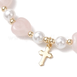 Эластичные браслеты из натурального розового кварца в форме сердца и жемчужных бусин в форме ракушки.&nbsp;BJEW-JB13413-01