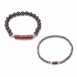Ensemble de bracelets extensibles en hématite synthétique et bois naturel 2pcs 2 styles&nbsp;BJEW-JB07941