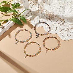 Набор из 4 цветных стеклянных и синтетических гематитовых круглых эластичных браслетов из бисера BJEW-JB08944