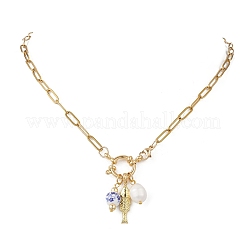 Женские ожерелья с подвесками в виде рыбок и искусственного жемчуга из белого и голубого фарфора и нержавеющей стали 304 NJEW-JN05650