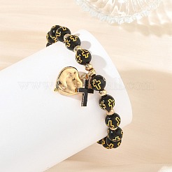 2 Stück 2-farbiges Acrylperlen- & Legierungsemaille-Kreuz- & CCB-Kunststoff-Herz-Stretch-Charm-Armband-Set für Damen&nbsp;BJEW-JB14200
