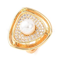 Регулируемые латунные кольца-манжеты с микропаве из прозрачных кубических цирконий и жемчугом из АБС-пластика.&nbsp;RJEW-G368-05G