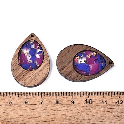 ウッド&レジンペンダント  金箔  ティアドロップチャーム  淡いバイオレットレッド  38x25.5x3mm  穴：2mm&nbsp;WOOD-H104-23-03