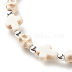 Synthetisches türkisfarbenes (gefärbtes) Stretch-Armband mit Kreuz und Totenkopfperlen&nbsp;BJEW-JB08451-01