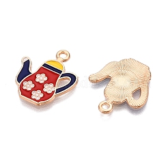 合金エナメルチャーム  ライトゴールド  鉛フリー＆カドミウムフリー  花チャーム付きティーポット  ファイヤーブリック  19x16x1mm  穴：1.6mm&nbsp;X-ENAM-T020-46-RS