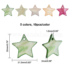 天然淡水貝ペンダント50個5色  染め  スター  ミックスカラー  19~20x20.5~21.5x1~2mm  穴：1.6mm&nbsp;SHEL-FH0001-07