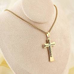 Мужские ожерелья с цепочкой из нержавеющей стали 201 с подвеской в виде креста и кубическим цирконием NJEW-S387-06G