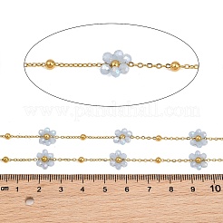 ガラスと304ステンレス鋼のアズキチェーン、ビーズチェーン  花  18KGP本金メッキ  ハンダ付け  イオンプレーティング（ip）  長持ちメッキ  ライトスチールブルー  9x3mm  約16.40フィート（5m）/ロール&nbsp;SA-CBAD321-03A