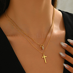 Двухслойные ожерелья с подвеской-крестом из нержавеющей стали и кристаллами горного хрусталя для женщин BW9176