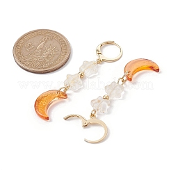 月と星のガラスダングルフレンチフックピアス、304ステンレススチールピン付き  オレンジ  55x11mm&nbsp;EJEW-JE05605-04