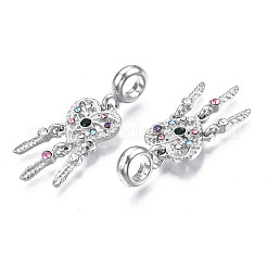 ラックメッキ合金ヨーロッパダングルチャーム  カラフルなラインストーン付き  大穴ペンダント  カドミウムフリー＆ニッケルフリー＆鉛フリー  羽付きネット/ウェブ  プラチナ  36.5mm  穴：5mm  羽：12.5x2.5x3.5mm&nbsp;MPDL-N039-062P