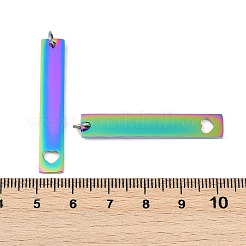イオンプレーティング（IP）304ステンレスペンダント  丸カン付き  手動研磨  ハートチャーム付き長方形  虹色  40x7x1.5mm  穴：3mm&nbsp;STAS-I311-13RC