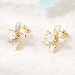 真鍮マイクロパヴェジルコニアエナメルスタッドピアス  花  absプラスチックパール  カドミウムフリー＆鉛フリー  ラックめっき  長持ちメッキ  ゴールドカラー  20.5x18mm&nbsp;CU-CBABA66-12C-G