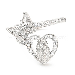 Прозрачное кубическое циркониевое сердце Девы Марии с открытым манжетным кольцом в виде бабочки RJEW-E064-05P