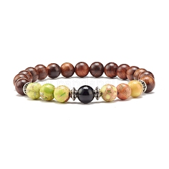 Bracciale elasticizzato in pietra naturale mista e perline rotonde in legno&nbsp;BJEW-JB07135