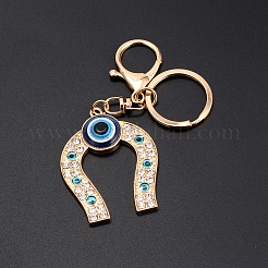 合金ラインストーンキーホルダー  ナザールボンジュウの馬蹄形のペンダント付き  ゴールドカラー  11.8x4.2cm&nbsp;PW-WG38863-01