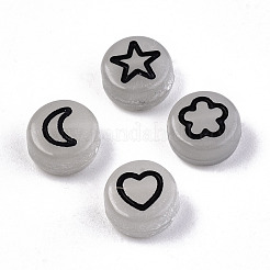 蓄光アクリルビーズ  フラットラウンド  ムーン＆ハート  花と星  ブラック  7x4mm  穴：1.5mm&nbsp;X-LACR-N001-003