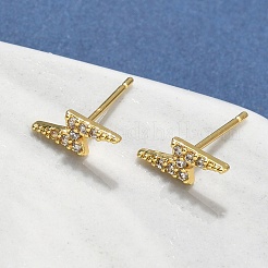 Серьги-гвоздики из латуни с микропаве из прозрачного кубического циркония с молнией&nbsp;EJEW-D318-07G