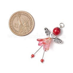 アクリルパーツ  合金ビーズとガラスパールビーズ付き  天使  丸カン付き  ミックスカラー  46x23.5x16.5mm  穴：3.6mm  6個/セット&nbsp;PALLOY-JF03576