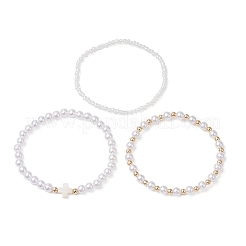 3 шт. 3 стиля АБС-пластиковые искусственные жемчужные бусины и ракушечные бусины эластичные браслеты для женщин&nbsp;BJEW-JB11796