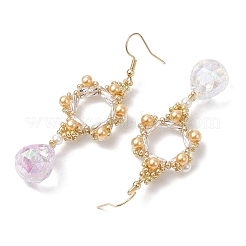 ガラスダングルピアス  アクリル模造真珠ビーズと304ステンレススチールのイヤリングワイヤー付き  花  ゴールデンロッド  71x23mm&nbsp;EJEW-MZ00255-03