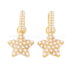 本物の18Kゴールドメッキのバロック真鍮フープピアス（女性用）  プラスチックパール付き  スター  35x18mm&nbsp;EJEW-S232-02G-03