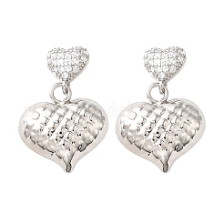 Серьги-гвоздики с текстурированным сердцем из латуни с микропаве из прозрачных кубических цирконий EJEW-Z099-02P-01