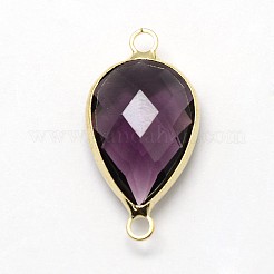 ゴールデントーン真鍮ガラスティアドロップリンクコネクター  パープル  21x11x5mm  穴：2mm&nbsp;GLAA-J010A-HF13-G
