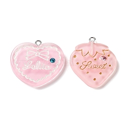 Translucent Resin Rhinestone Pendants, with Platinum Plated Iron Loops, Heart & Strawberry, Mixed Shapes, Pink, 29~32x27.5~31x4.5mm, Hole: 2mm
