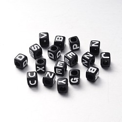 Opaque Acrylic European Large Hole Beads, Horizontal Hole, Letter Cube, Black, Random Mixed Letters, 7x7x7mm, Hole: 4mm, about 2450pcs/500g