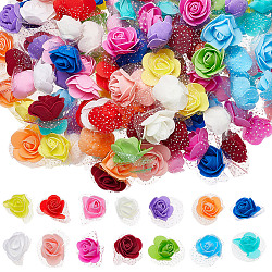 CRASPIRE 210Pcs 14 Colors 3D Foam Rose Ornament Accessories, Imitation Flower, with Organza, Mixed Color, 43~45x39~45x21.5~22mm, 15pcs/color