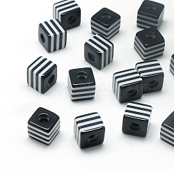 Perles en résine à rayures opaques, cube, noir, 10x10x10mm, Trou: 4mm