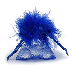オーガンジーギフトバッグ巾着袋  ドローストリングとフェザー付き  ジュエリーポーチバッグ  結婚式パーティーキャンディメッシュバッグ  長方形  ブルー  9x7.5x0.05cm