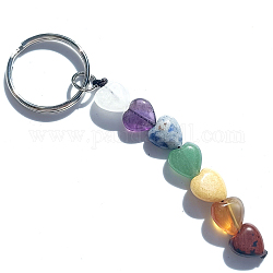 7 porte-clés pierres précieuses chakra, avec porte-clés en alliage couleur platine, motif de coeur, 10 cm