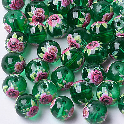 Perles de verre transparentes imprimées et peintes au pistolet, ronde avec motif de fleurs, verte, 8~8.5x7.5mm, Trou: 1.4mm