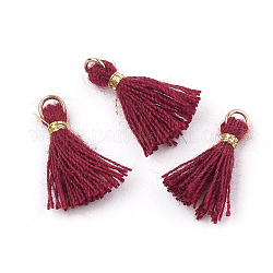 Polycotton(Polyester Cotton) Tassel Pendant Decorations, Mini Tassel, with Iron Findings and Metallic Cord, Light Gold, Dark Red, 10~15x2~3mm, Hole: 1.5mm