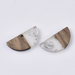 Pendenti in resina trasparente e legno di noce, con foglia d'argento, cerato, mezzo tondo, argento, 14x28x3~4mm, Foro: 2 mm