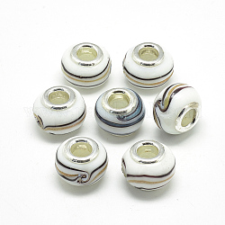 Handmade Lampwork European Beads, with Platinum Brass Double Cores, Large Hole Beads, Rondelle, White, 13~15x10mm, Hole: 5mm