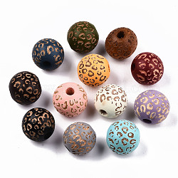 Perle di legno naturale verniciate, motivo inciso al laser, rotondo con stampa leopardata, colore misto, 15~16x15mm, Foro: 4 mm