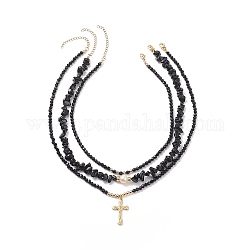 3pcs 3 style 304 colliers pendentif corss en acier inoxydable, colliers empilables de perles d'onyx noir naturel, d'obsidienne et de perles pour femmes, noir, 14.96~19.29 pouce (38~49 cm), 1pc / style