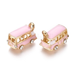 Pendente in lega, con smalto e strass di cristallo, autobus, oro, perla rosa, 18x11x13mm, Foro: 2.5 mm