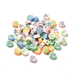 Handgefertigte Fimo-Perlen zum Muttertag, flache runde mit wort- und blumenmuster, Mischfarbe, 9~9.5x4~5 mm, Bohrung: 1.6~1.8 mm